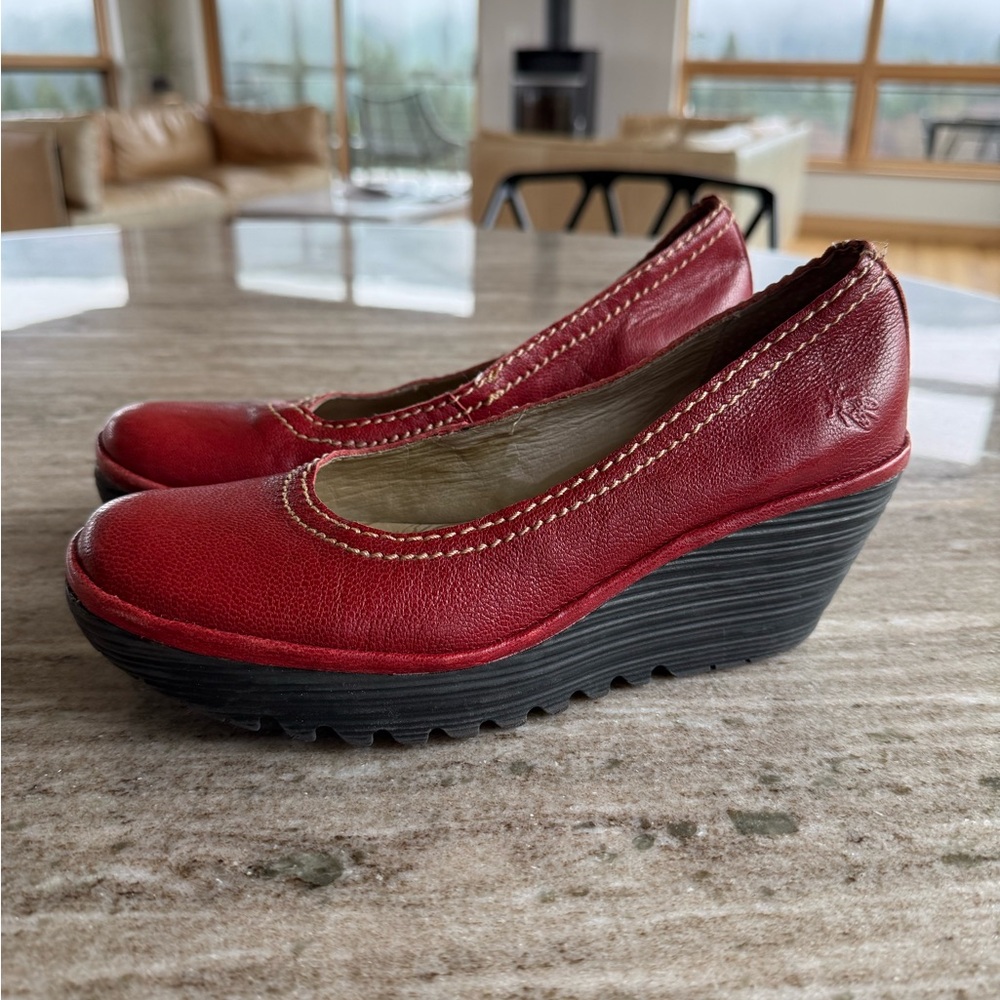 Red Leather Wedge Shoes with Black Sole